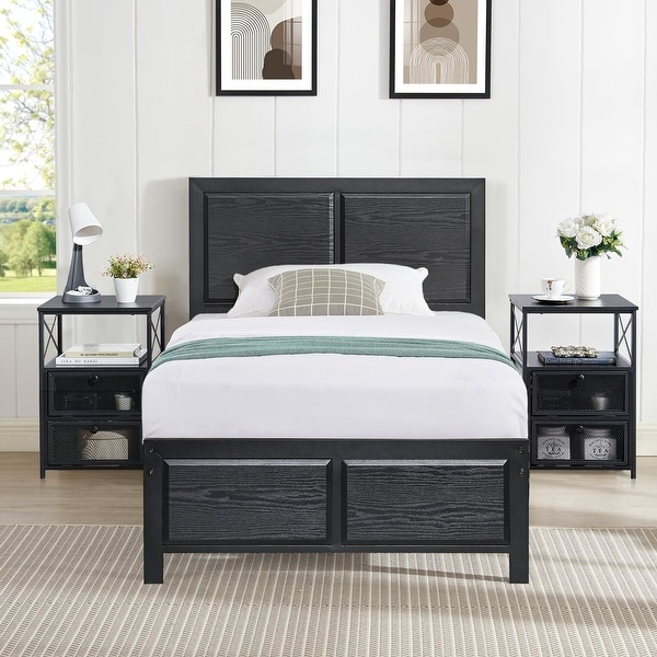 Industrial 3 Piece Bedroom Set Platform Bed Frame and Nightstands Set of 2， Black - - 37127705