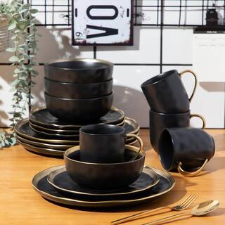 LOVECASA Sweet 16-Piece Black Golden Edge Stoneware Dinnerware Set (Service for 4) LC-GE-DS02