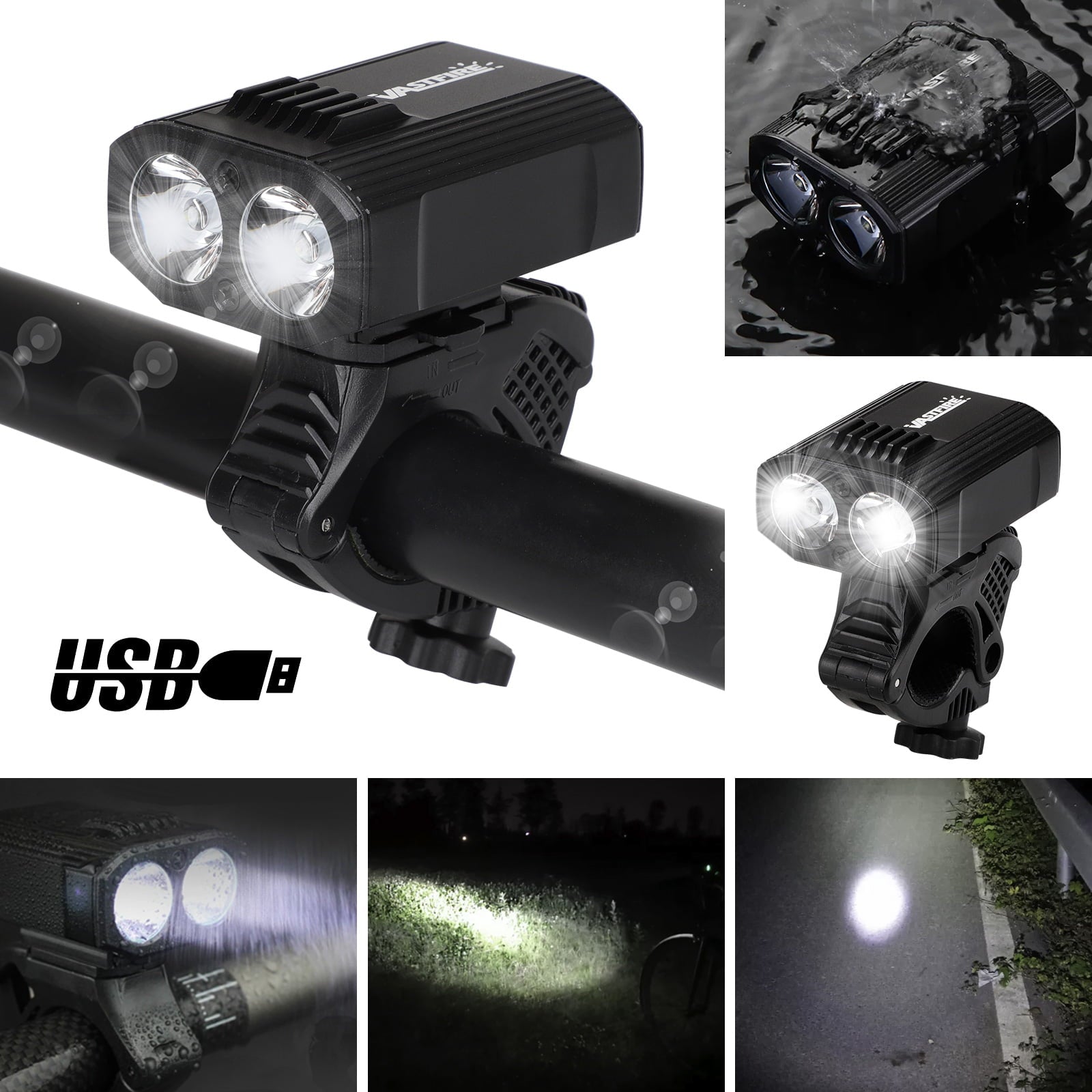 TSV USB Rechargeable Bike Light Set， Super Bright 1200 Lumen Aluminum Alloy Waterproof Bike Front Light， Easy to Mount Headlight with Quick Release System， 5 Light Modes