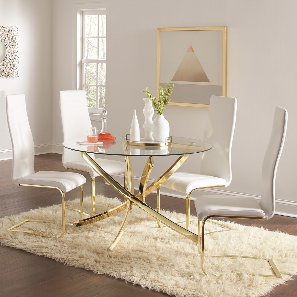 Modern 5 piece Glass Top Dining Set with Gold Metal Base