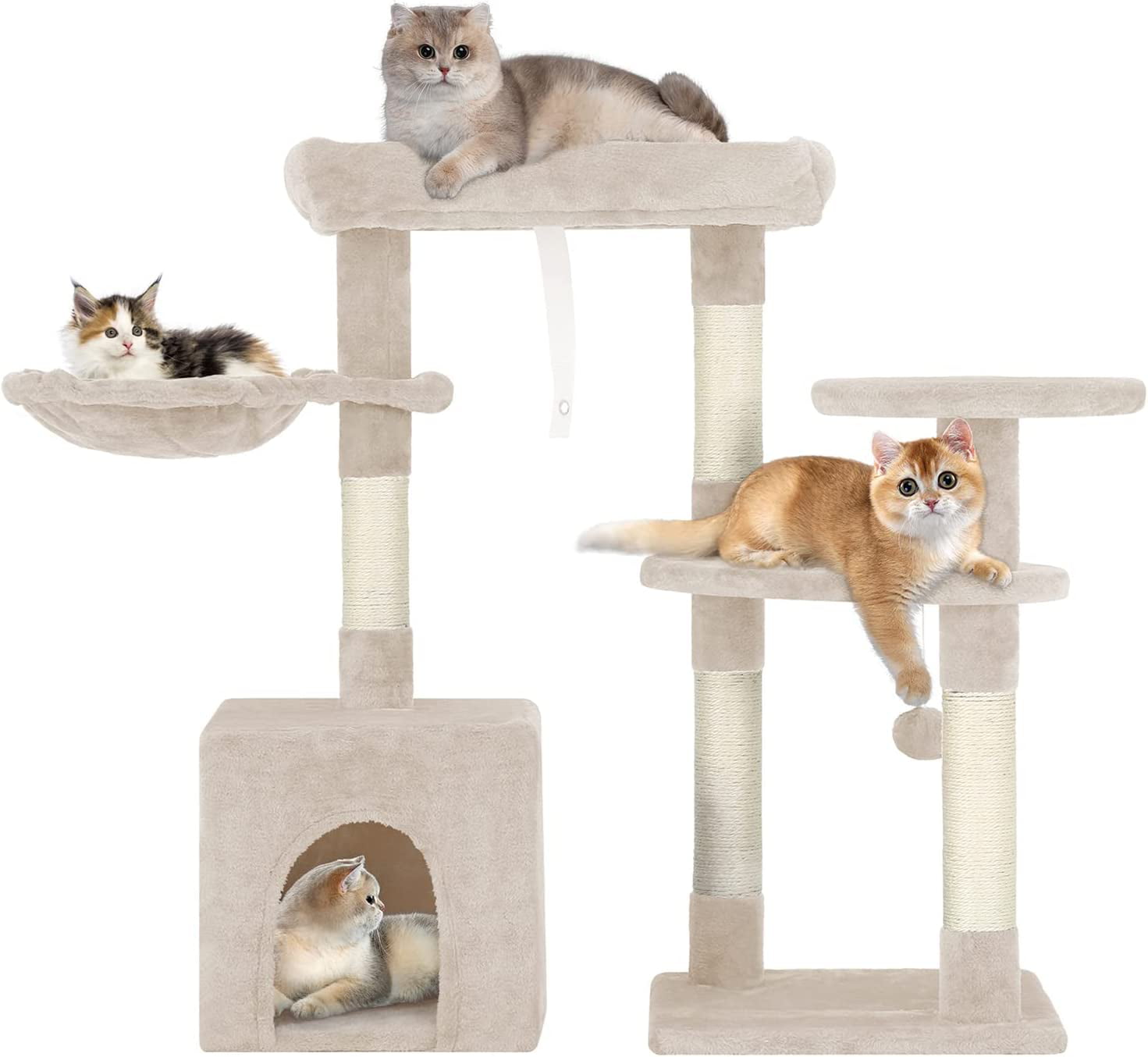 BestPet 33in Cat Tree Cat Tower with Scratching Posts for Indoor Cats,Multi-Level Cat Furniture Activity Center Stand House Cat Condo with Hammock Perch and Kitten Toys Pet Play House,Beige