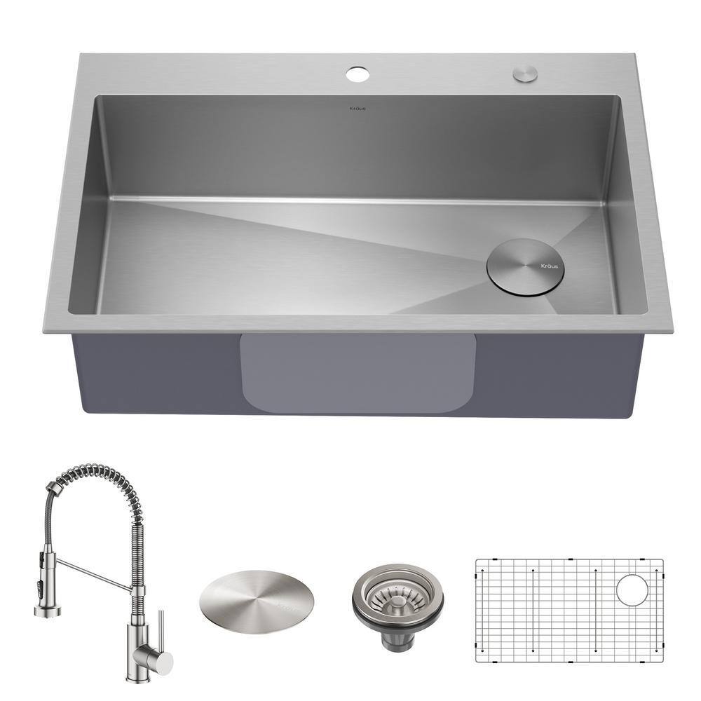 KRAUS KCH-1000 Loften All in-One 33 in. Drop In/Undermount Single Bowl 18 Gauge Stainless Steel Kitchen Sink with Pull Down Faucet