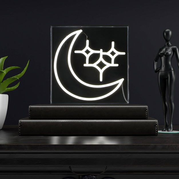 Starry Crescent Square Contemporary Glam Acrylic Box Usb Operated Led Neon Light White Jonathan Y