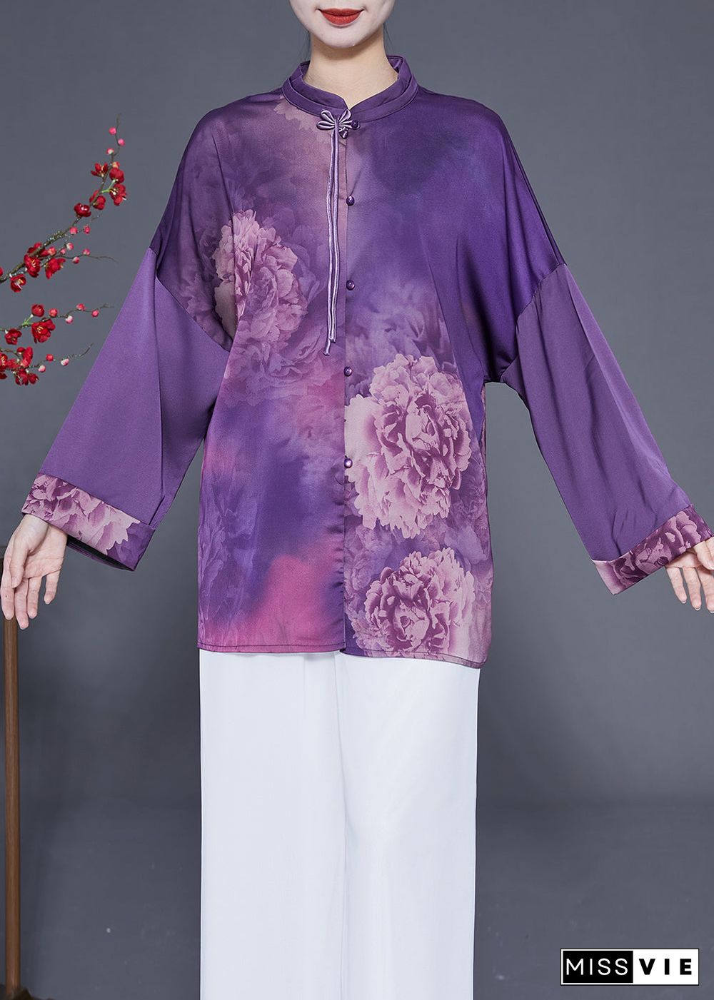 Handmade Purple Stand Collar Tassel Print Silk Shirts Spring