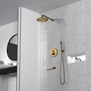 CASAINC 1-Spray Patterns Round 10 in. Wall Mount Dual Shower Heads with Handheld and Tub Faucet in Brushed Gold M6202-A-10-BG