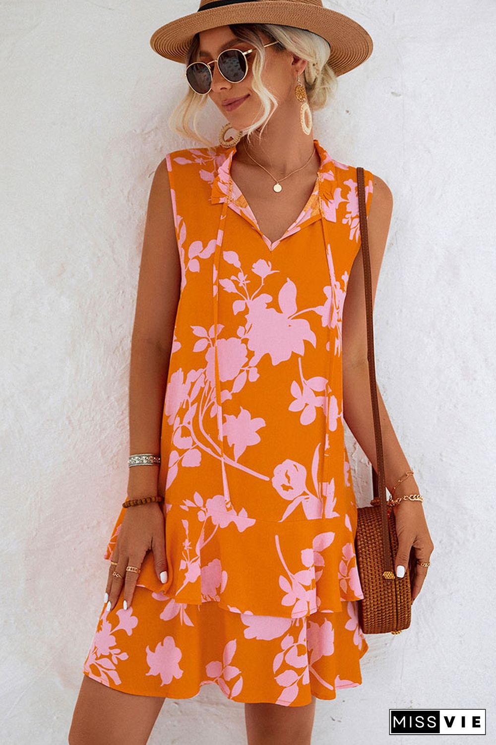 Sleeveless Ruffle Splicing Floral Dress