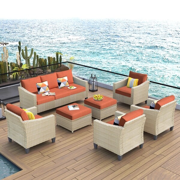 XIZZI Patio Furniture 7Piece Outdoor Wicker Conversation Set with Ottomans