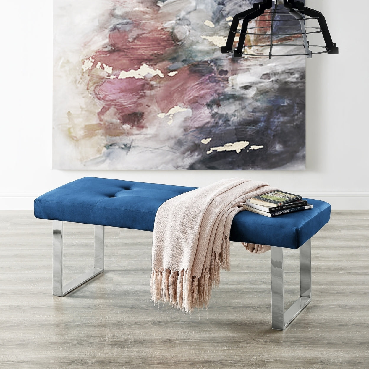 Estela Velvet Bench-Stainless Steel Legs-Tufted-Living-room, Entryway, Bedroom-by Inspired Home