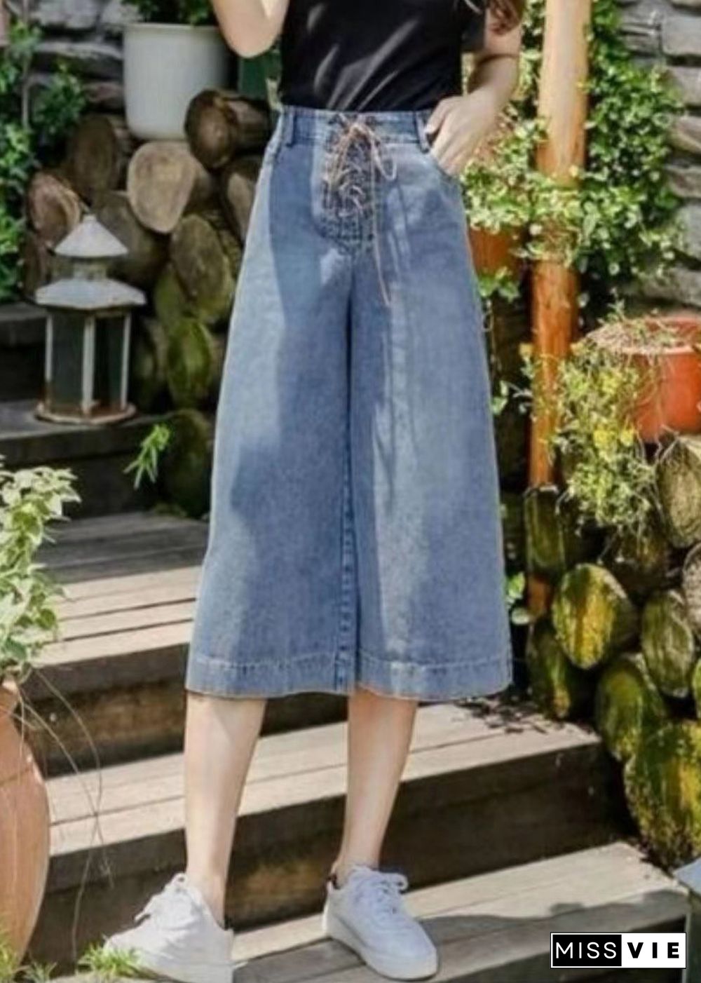 Denim Blue Pockets Cotton Wide Leg Crop Pants High Waist Cross Tie Waist Summer