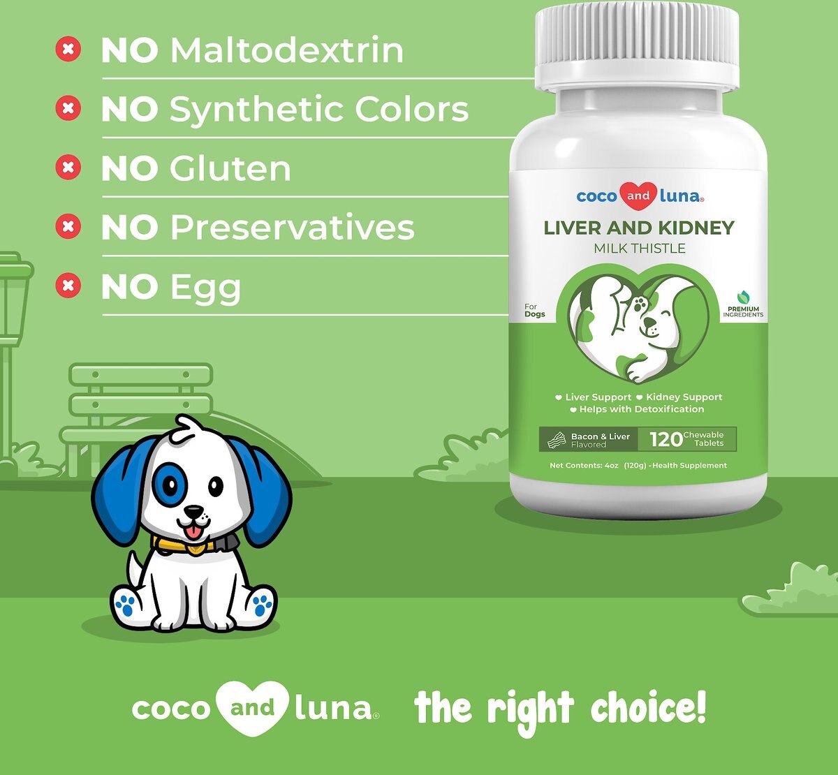 Coco and Luna Liver and Kidney Milkthistle Bacon and Liver Flavor Dog Supplement， 120 count