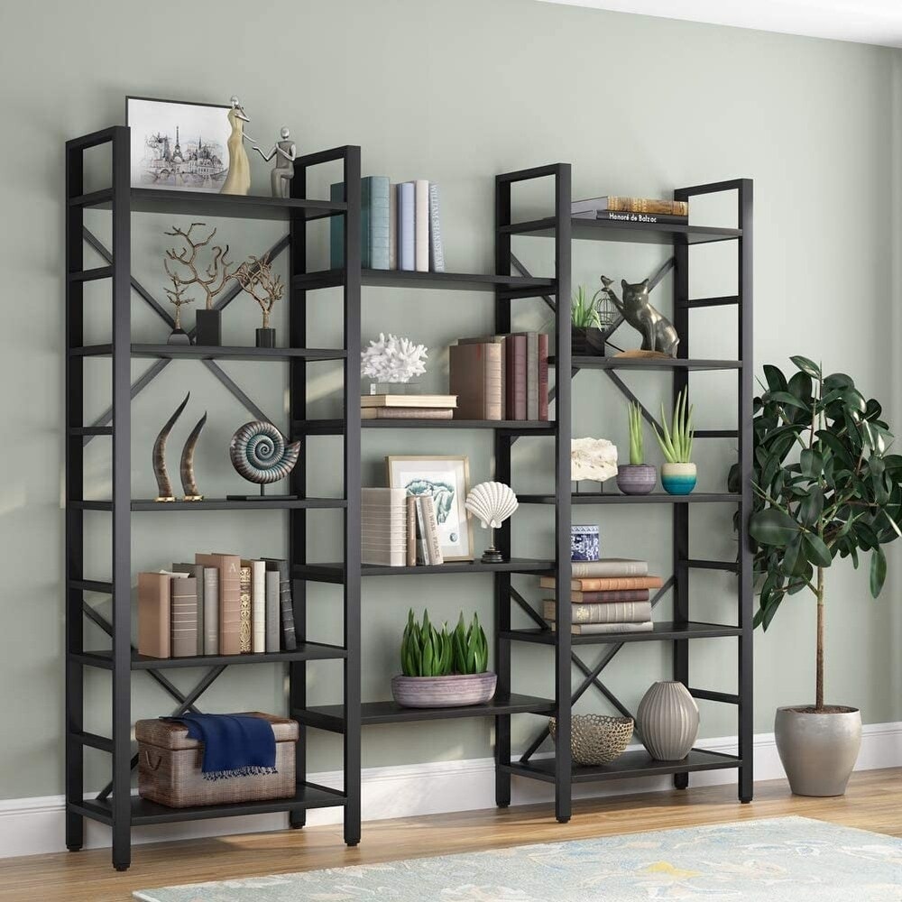 Open Triple Wide 5 Shelf Bookcase  Industrial Etagere Bookshelf for Home   Office