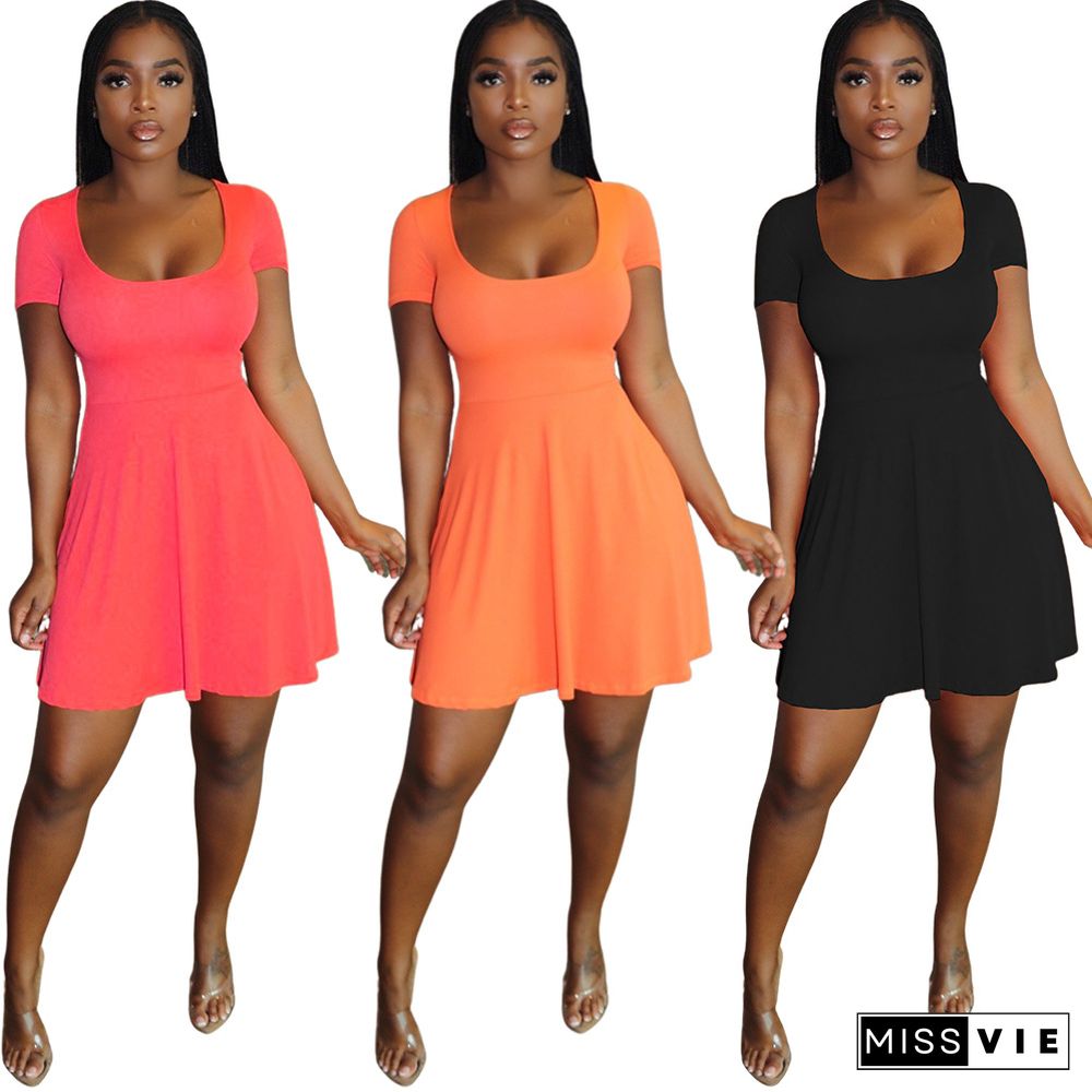 Elegant Solid Color Women's Summer Sundress Short Sleeve U Neck Casual A Line Knee Length Midi Dress