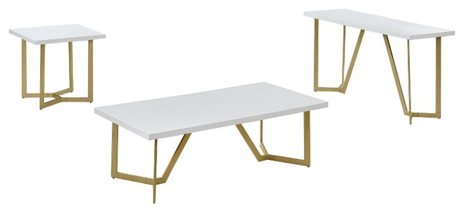 3pc White Wood Coffee Table Set with Gold Painted Legs   Contemporary   Coffee Table Sets   by Homesquare  Houzz