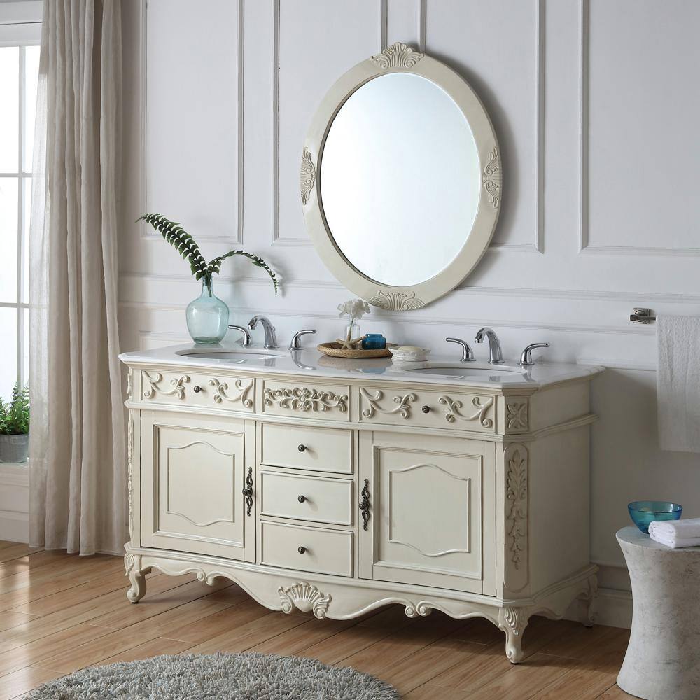 Home Decorators Collection Winslow 60 in. W x 22 in. D Bath Vanity in Antique White with Vanity Top in White Marble with White Basins BF-27004-AW