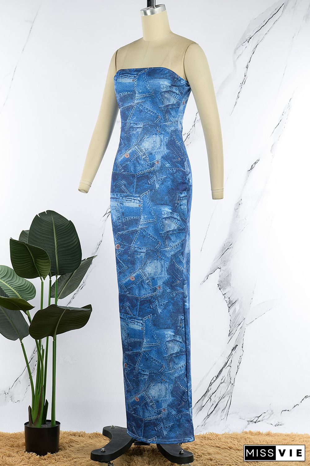 Blue Sexy Print Backless Strapless Long Dress Dresses