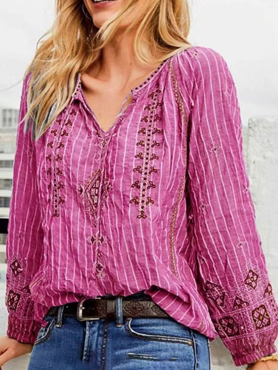 Casual Loose Embroidered Long Sleeve Blouse