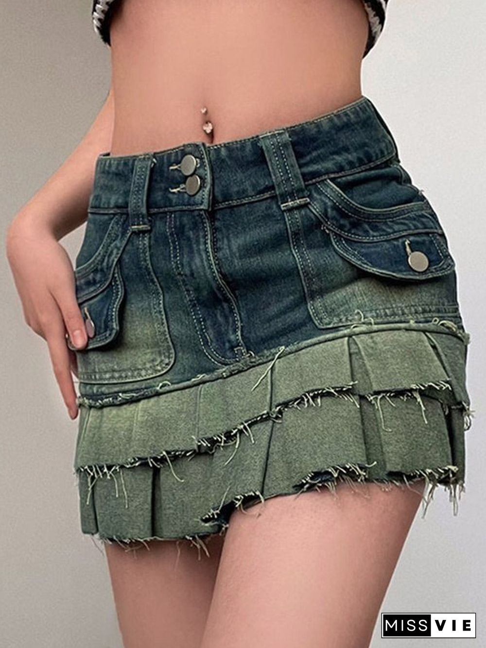 High Waist Colorblock Pleated Denim Mini Skirts