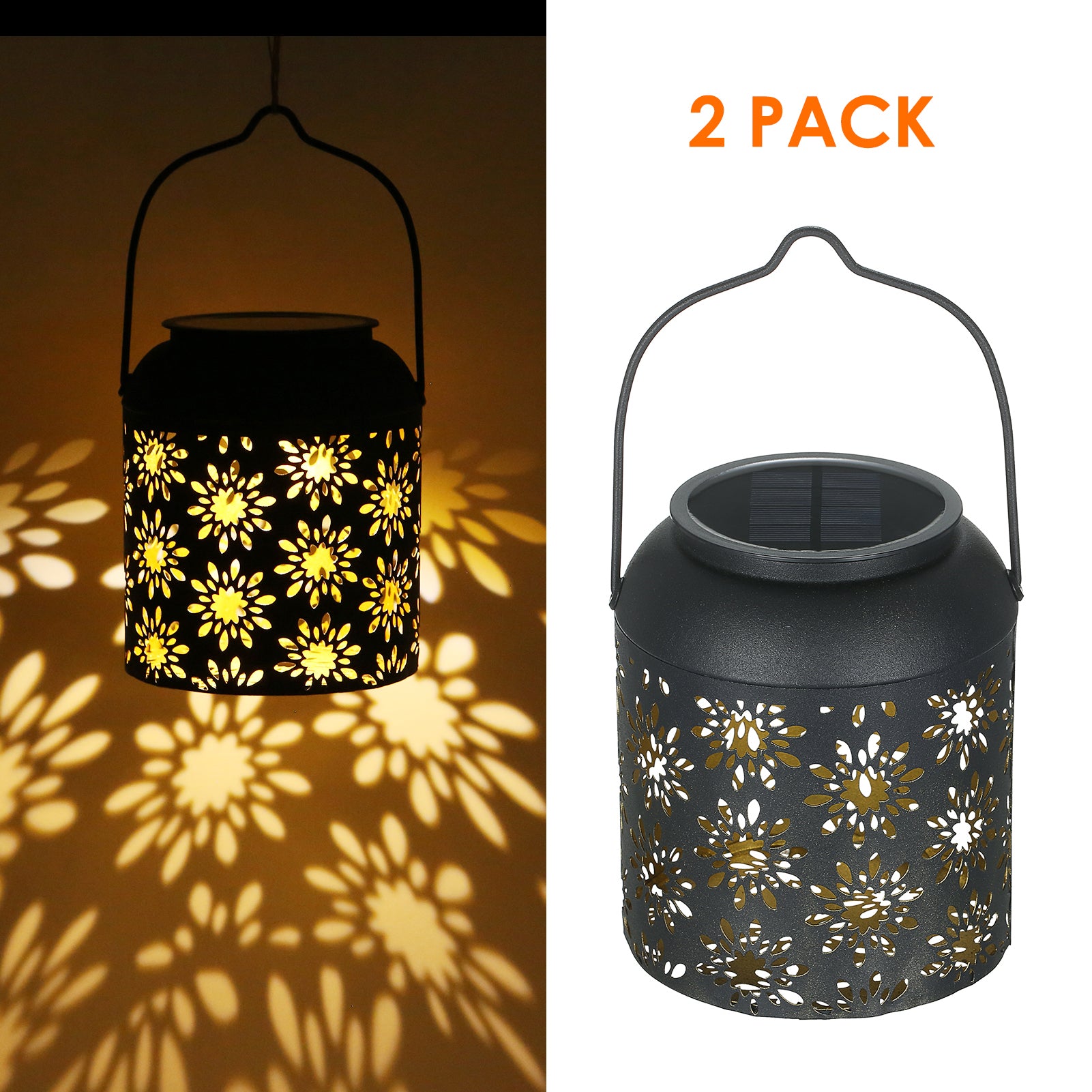 Tomshine 2Pack Solar Lantern Outdoor Hanging Light Retro Metal Decorative Light Hollowed Out Flower Pattern Garden Landscape Light