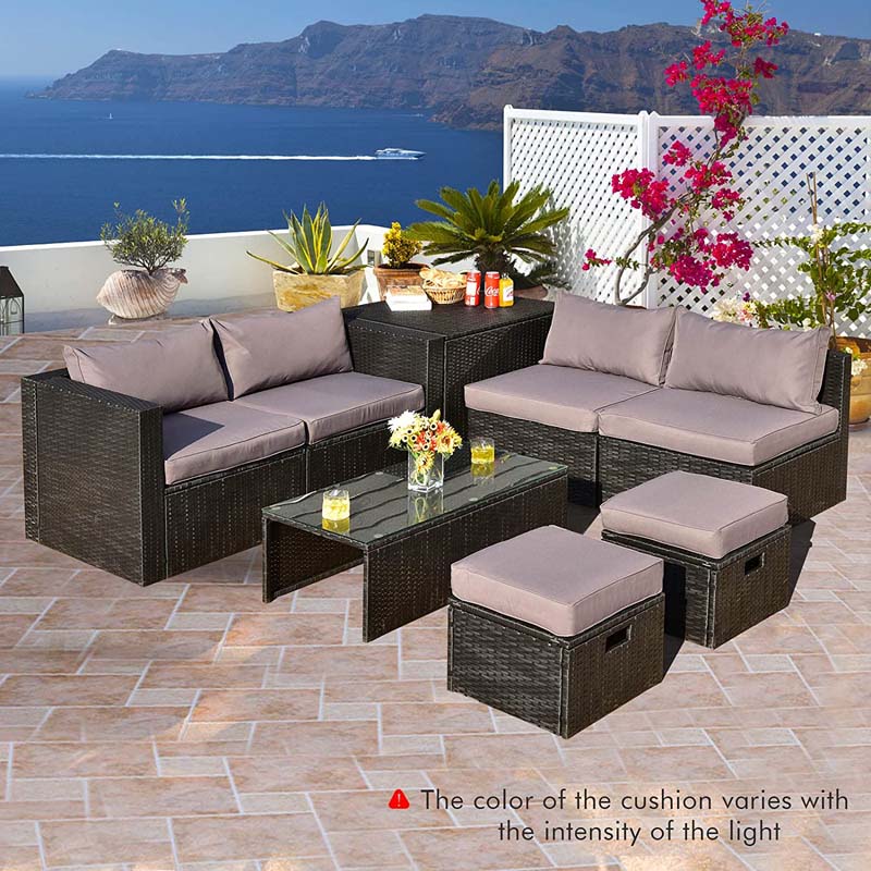 8 Pcs Rattan Wicker Outdoor Patio Furniture Sectional Sofa Set with Storage Box & Waterproof Cover