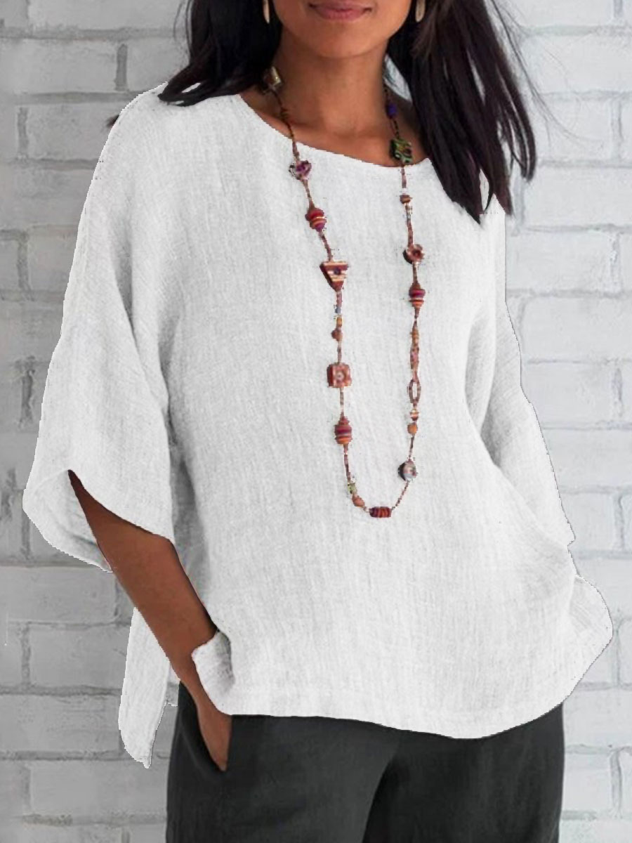 Round Neck Casual Loose Solid Color Mid-sleeve Blouse