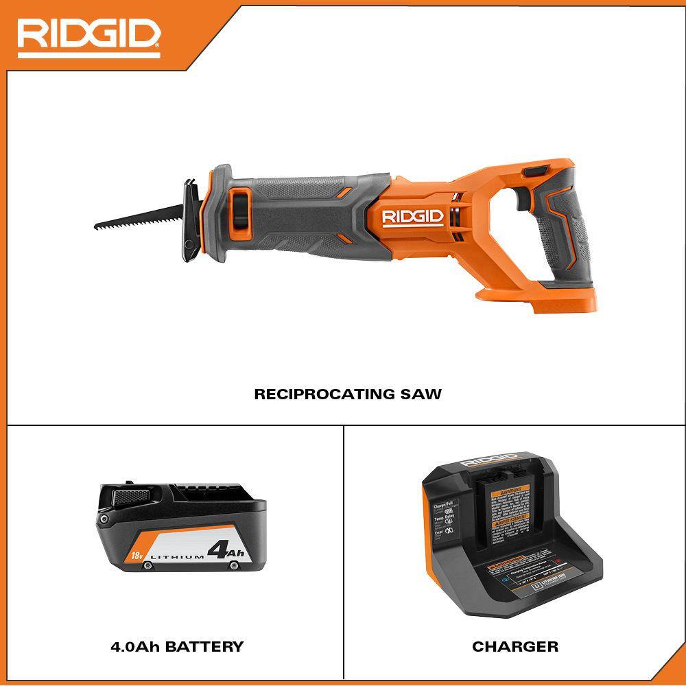 RIDGID 18V Cordless Reciprocating Saw Kit with 4.0 Ah Battery and Charger R8646KN