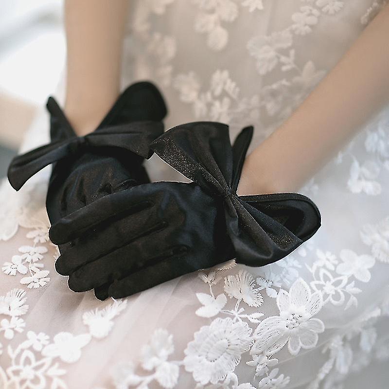 Women Short Thin Bow Satin Gloves Banquet Party Wedding Bridal Dance Colorful Mittens2setwhite + Black