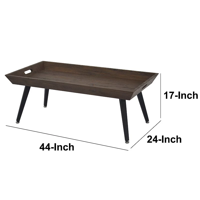 Rectangular Wooden Coffee Table with Tray Top and Metal Legs， Brown and Black