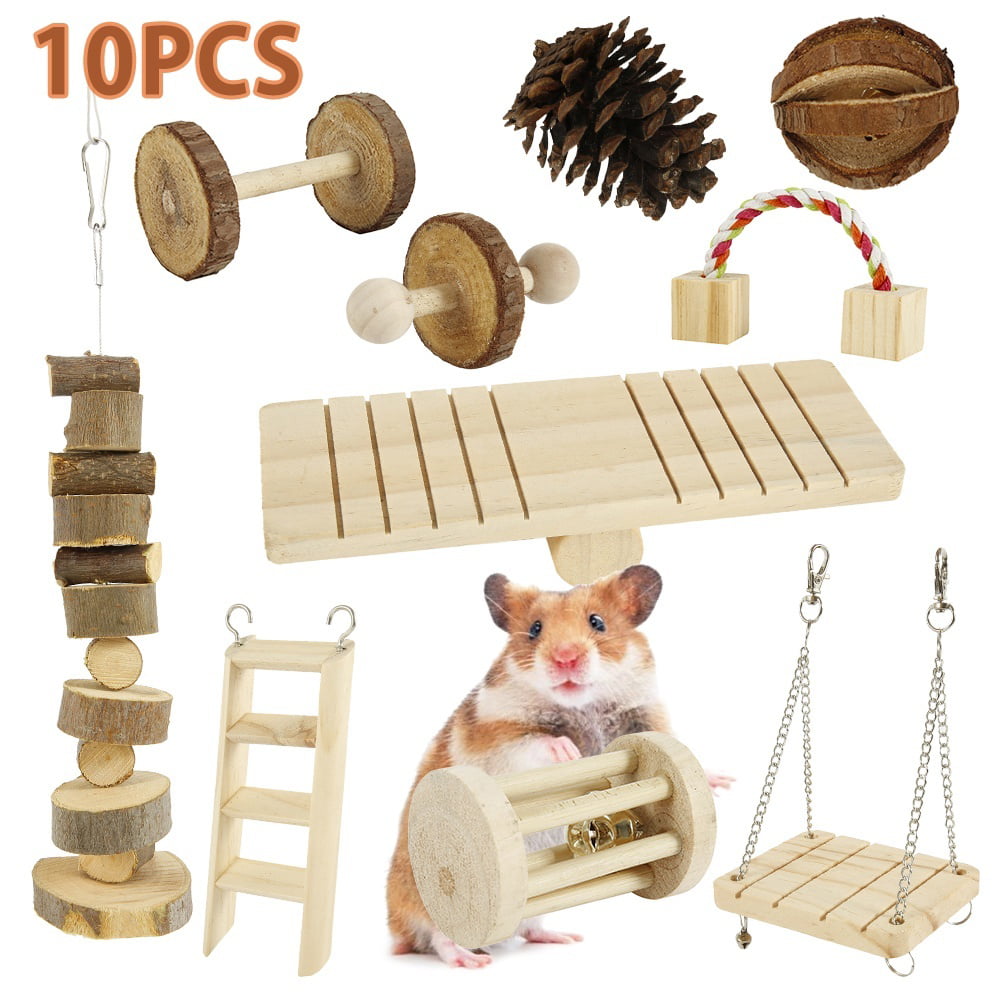 10pcs Natural Wooden Pet Chew Toys Pine Dumbells Unicycle Bell Roller Chew Toy for Hamster Rat Rabbit Play Toy