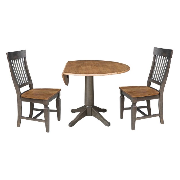 Round Dual Drop Leaf Dining Table With 2 Slat Back Chairs Hickory washed Coal International Concepts