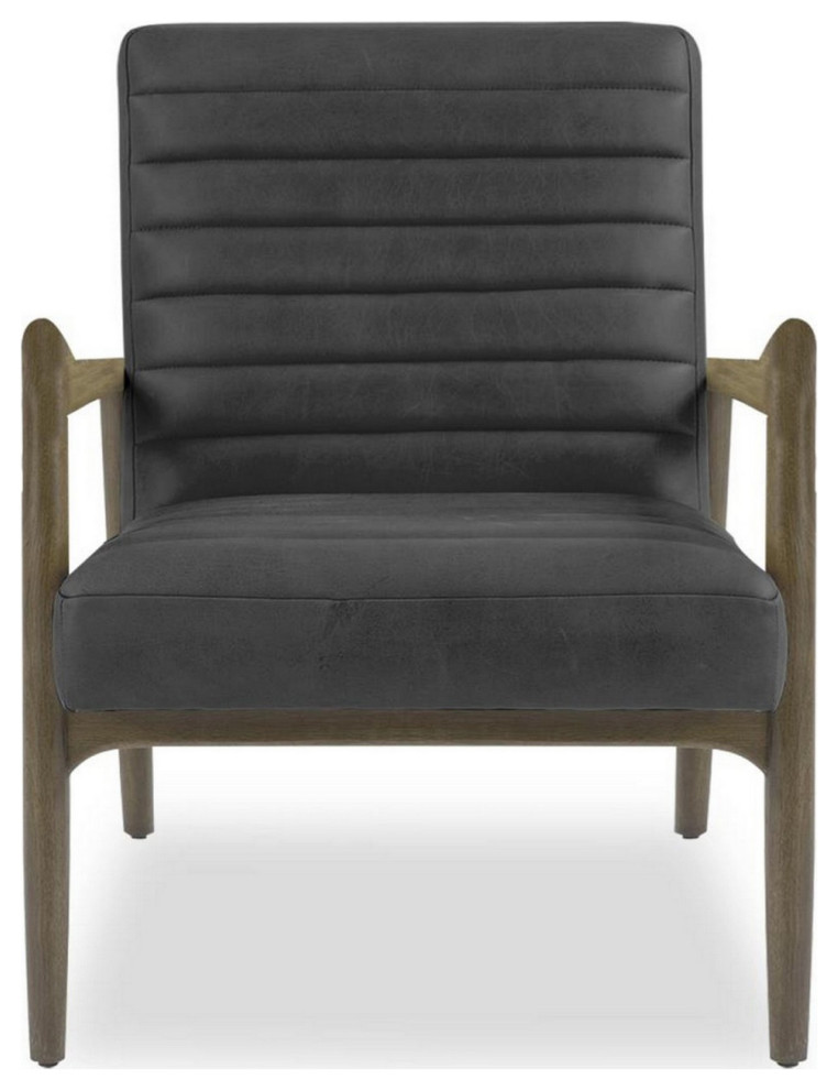 30 quotPadded Accent Chair With Raised Arms  Channeled Black Vegan Leather   Midcentury   Armchairs And Accent Chairs   by VirVentures  Houzz