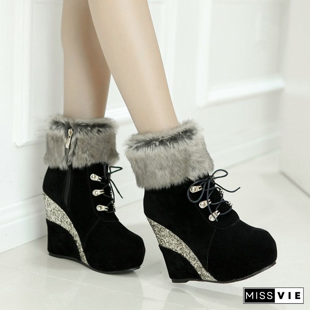 New Sexy Winter Boots Wedges Shoes Ankle Boots Women Warm Boots Lace Up Platform High Heels Snow Boots Shoes Woman