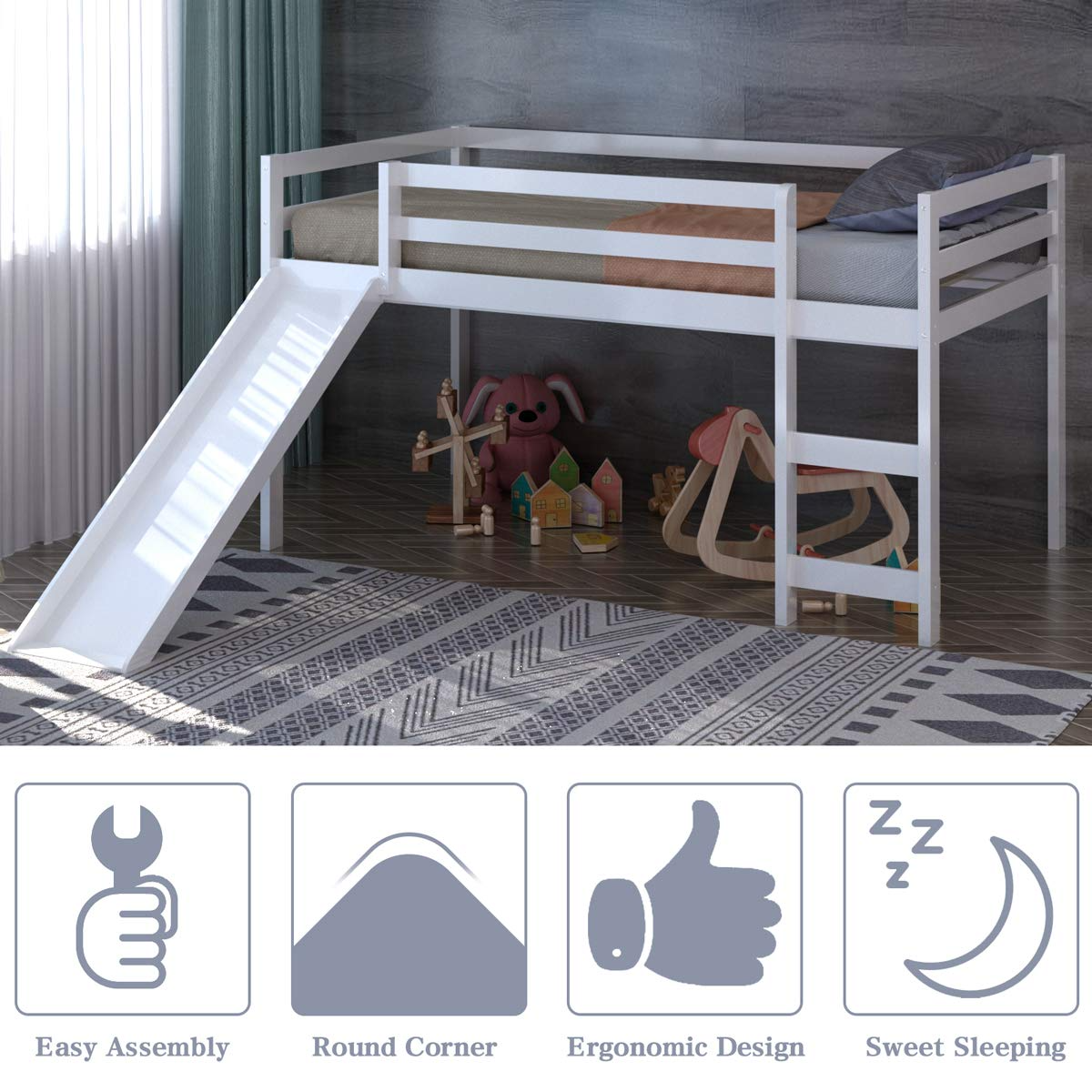 Costzon Twin Loft Bunk Bed with Slide, Built-in Ladder and Guard Rail