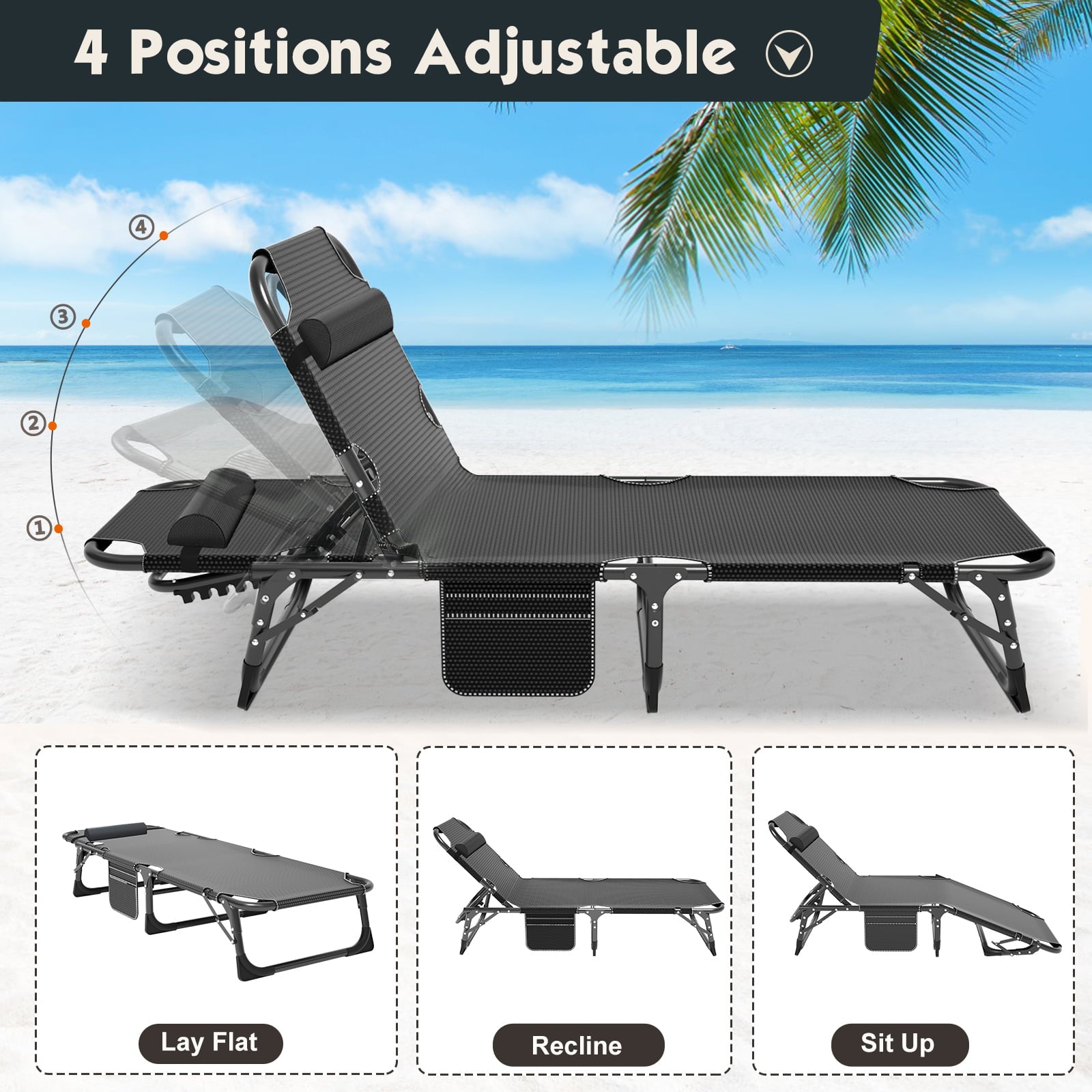 MOPHOTO 75" Adult Camping Cot Folding Cot, Portable Heavy Duty Sleeping Bed with Mattress, Outdoor Patio Adjustable 4-Position Folding Lounge Chair for Sunbathing, Gray