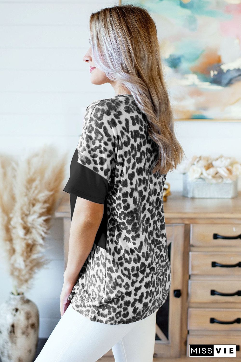 Black Fierce Leopard Print Color Blocking Tee