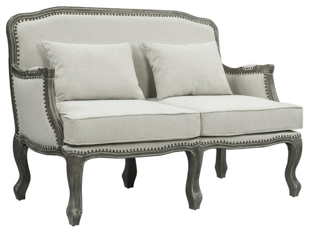 Benzara BM276243 56 quotSofa  Nailhead Trim  Box Cushion  Fabric  Cream/Brown   French Country   Sofas   by Uber Bazaar  Houzz