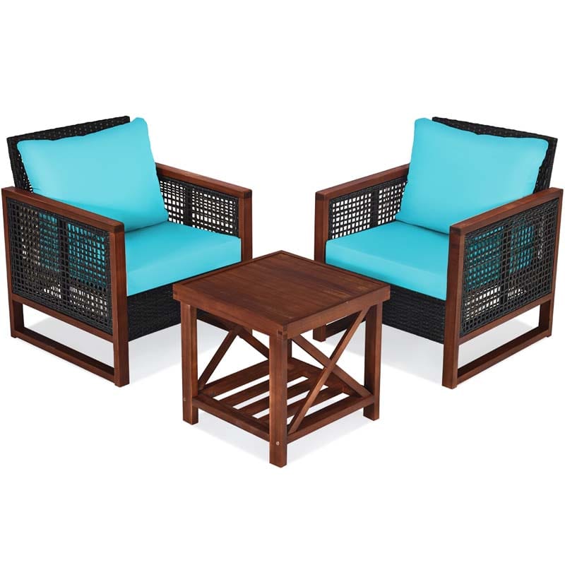 3 Pcs Rattan Patio Furniture Sofa Set Outdoor Conversation Bistro Set with Acacia Wooden Frame & Cushions