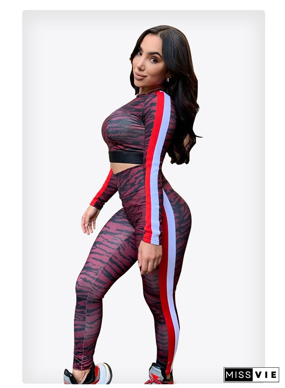 Colour Printed Stripe Long Sleeve Crop Top Sweatpants Suit