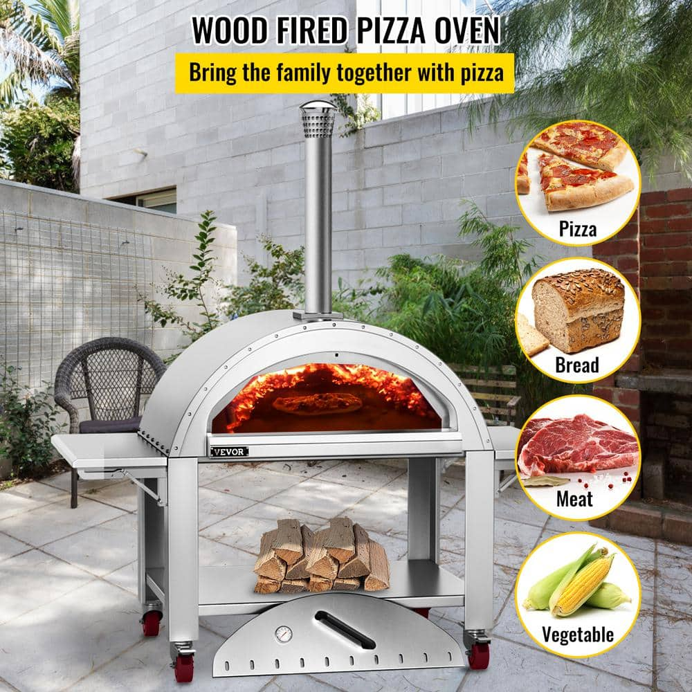 VEVOR 44 in. Wood Fired Artisan Pizza Oven Outdoor Pizza Oven 3-Layer Stainless Steel Pizza Maker with Wheels HWPSKXTJY44INAY7CV0