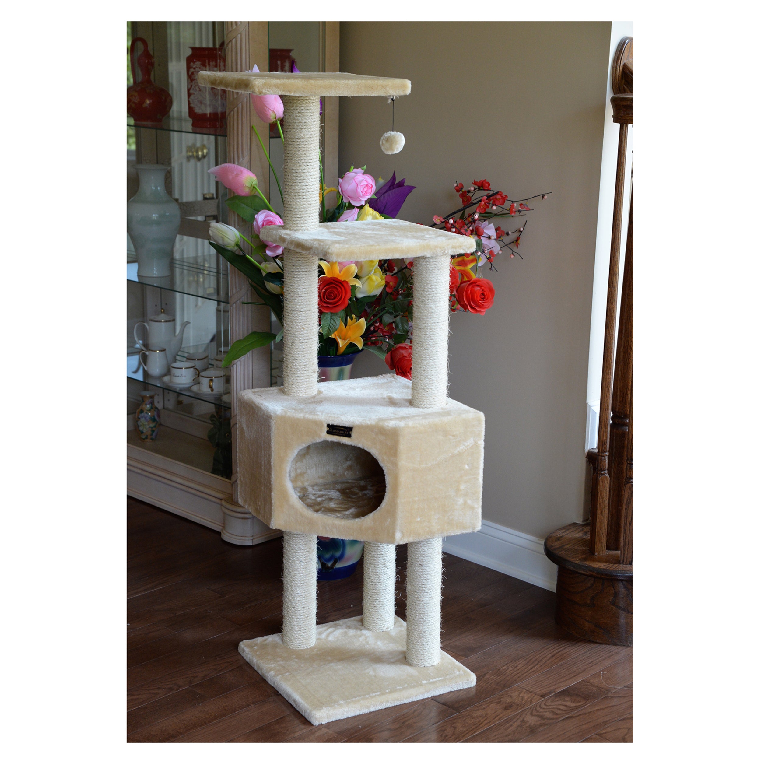 Armarkat 52-in real wood Cat Tree and Condo Scratching Post Tower， Beige