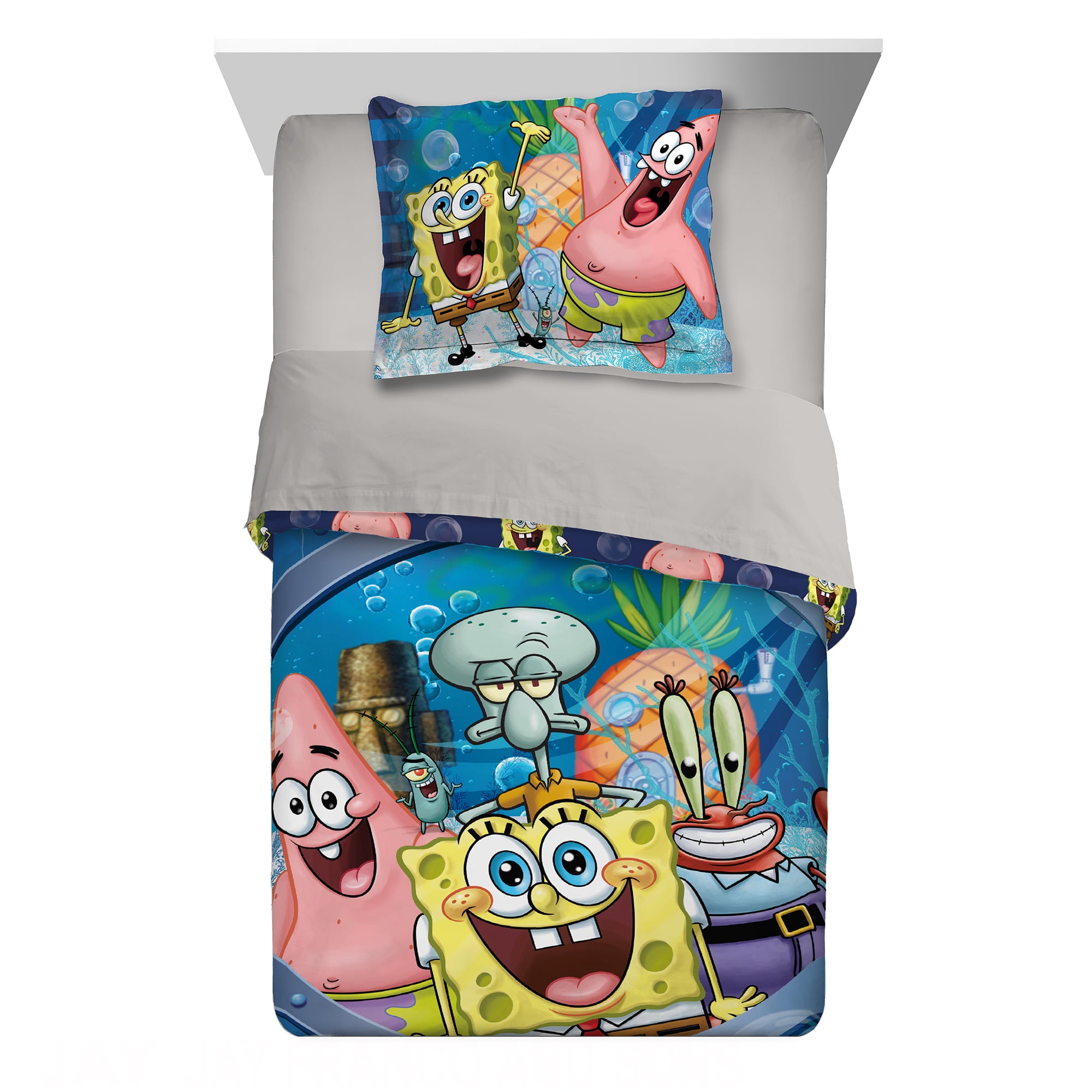 SpongeBob SquarePants Kids Comforter and Sham， 2-Piece Set， Twin/Full， Reversible， Blue