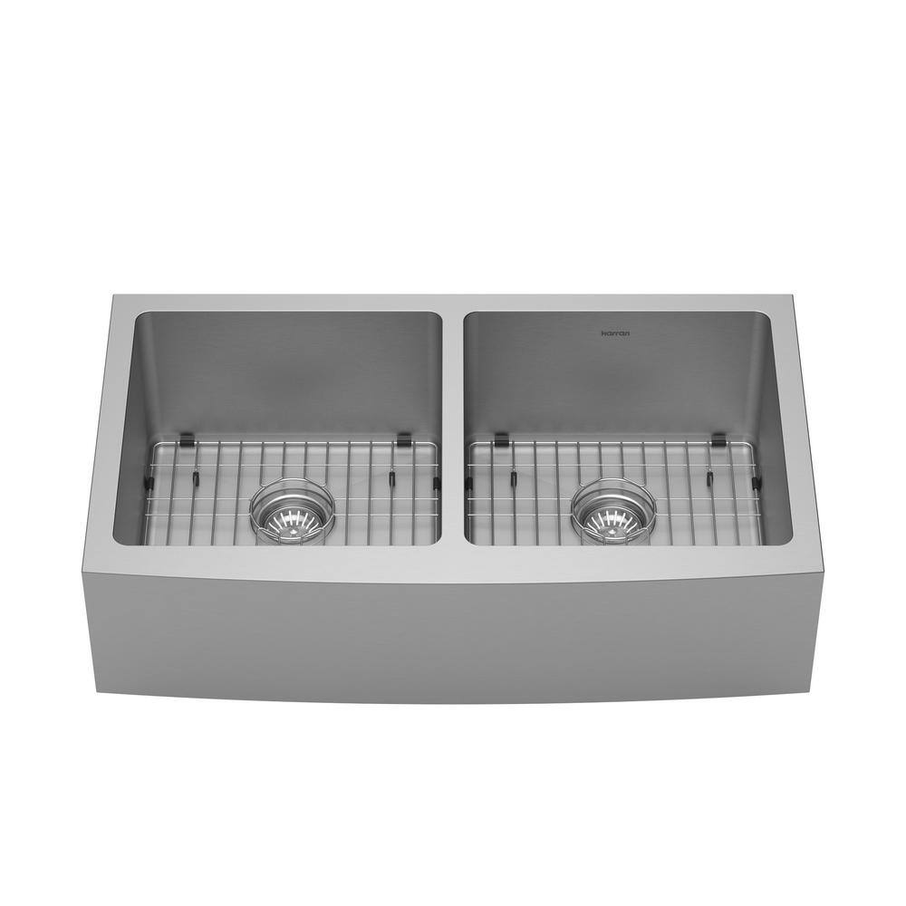 Karran 16-Gauge Stainless Steel 36 in. Double Bowl Farmhouse Apron Kitchen Sink with Grid and Basket Strainer EL-88-PK1