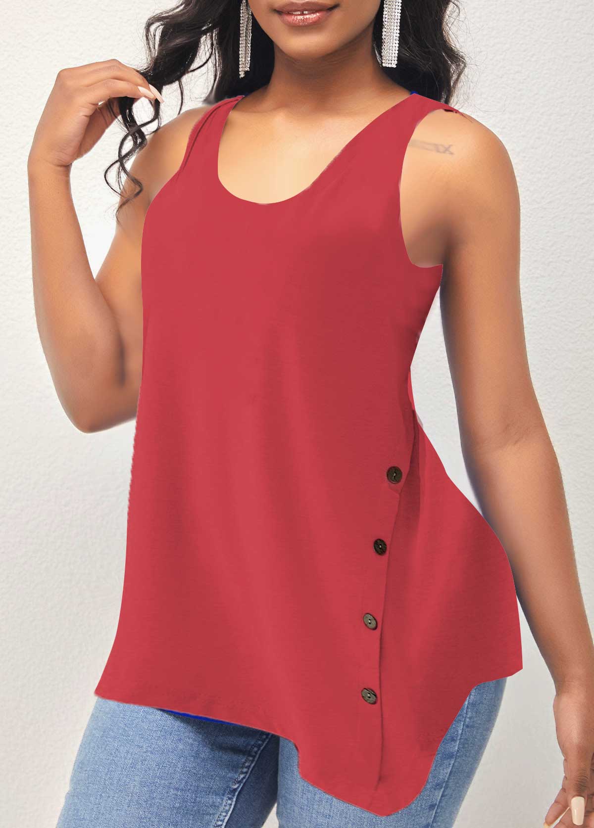 Asymmetric Hem Decorative Button Coral Red Tank Top