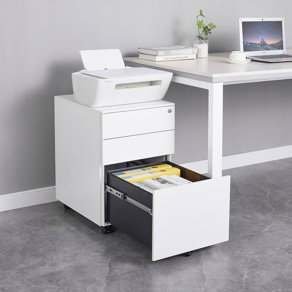 Tatahance 3-Drawer Mobile White Metal Lateral Filing Cabinet with Lock Steel W25252085-Z