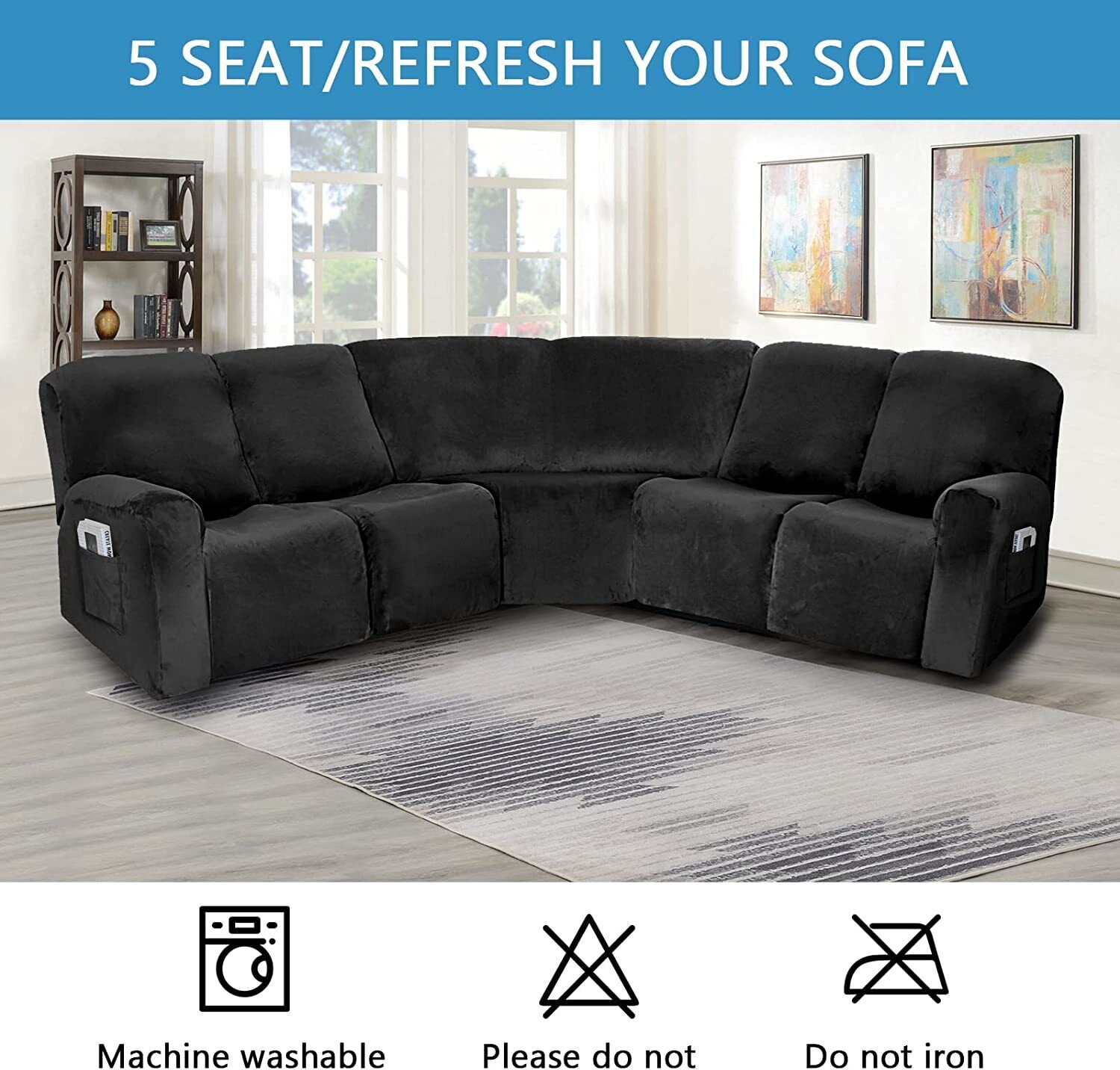 SHANNA 5 Seater Recliner Cover, 7 Piece Velvet Recliner Corner Sofa Cover, Stretch L Shape Reclining Sectional Couch Covers for 5 Cushion Sofa Slipcovers, Black