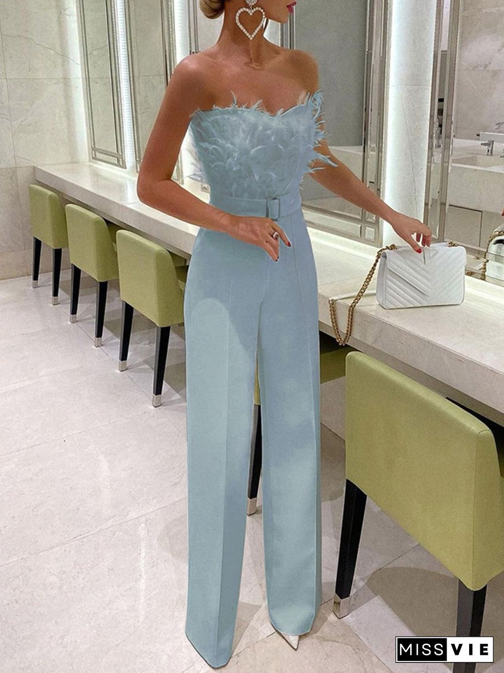 Women's Jumpsuits Feather Bandeau Belt Jumpsuit