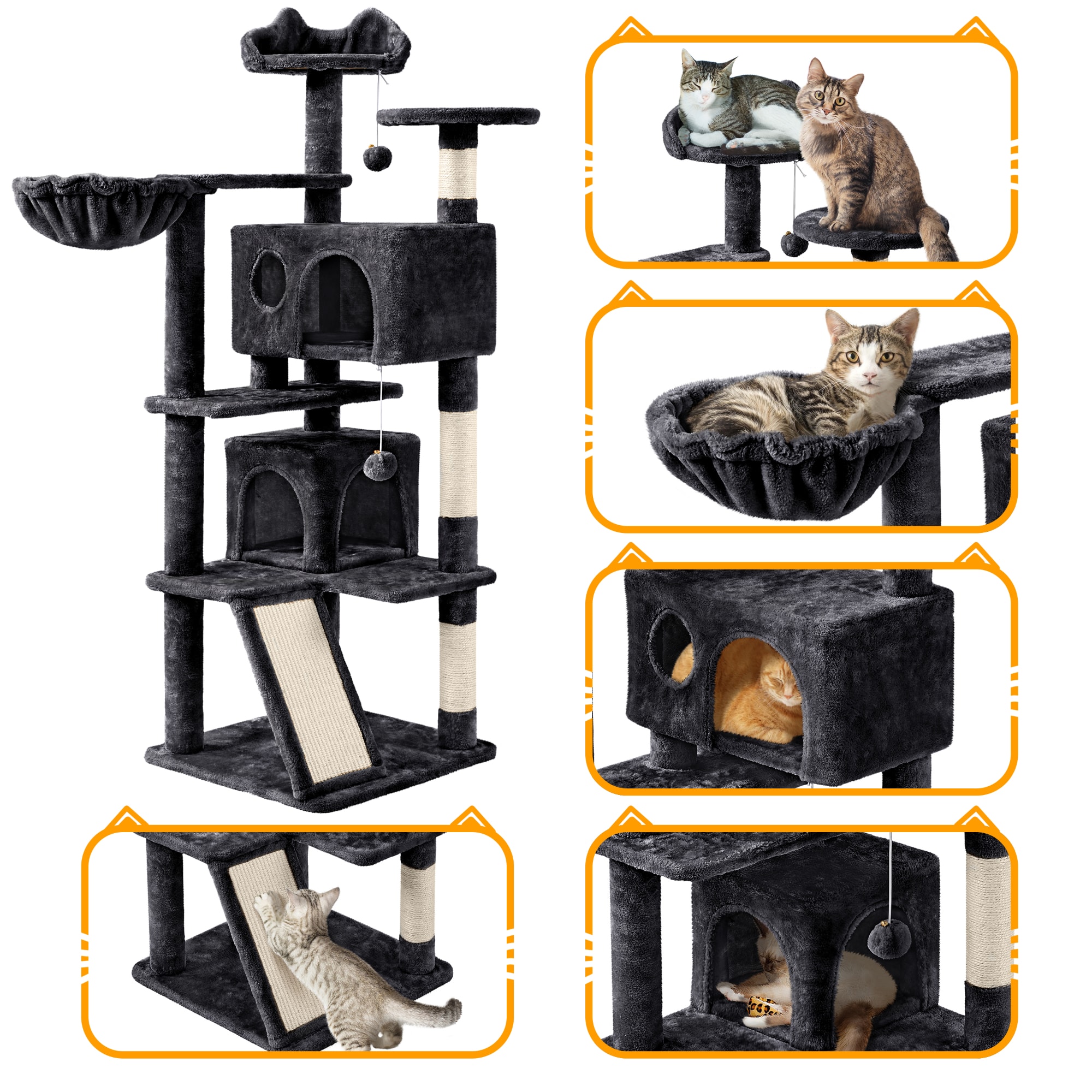 Topeakmart Black Plush Cat Tree with 2 Condos for Kittens， 55