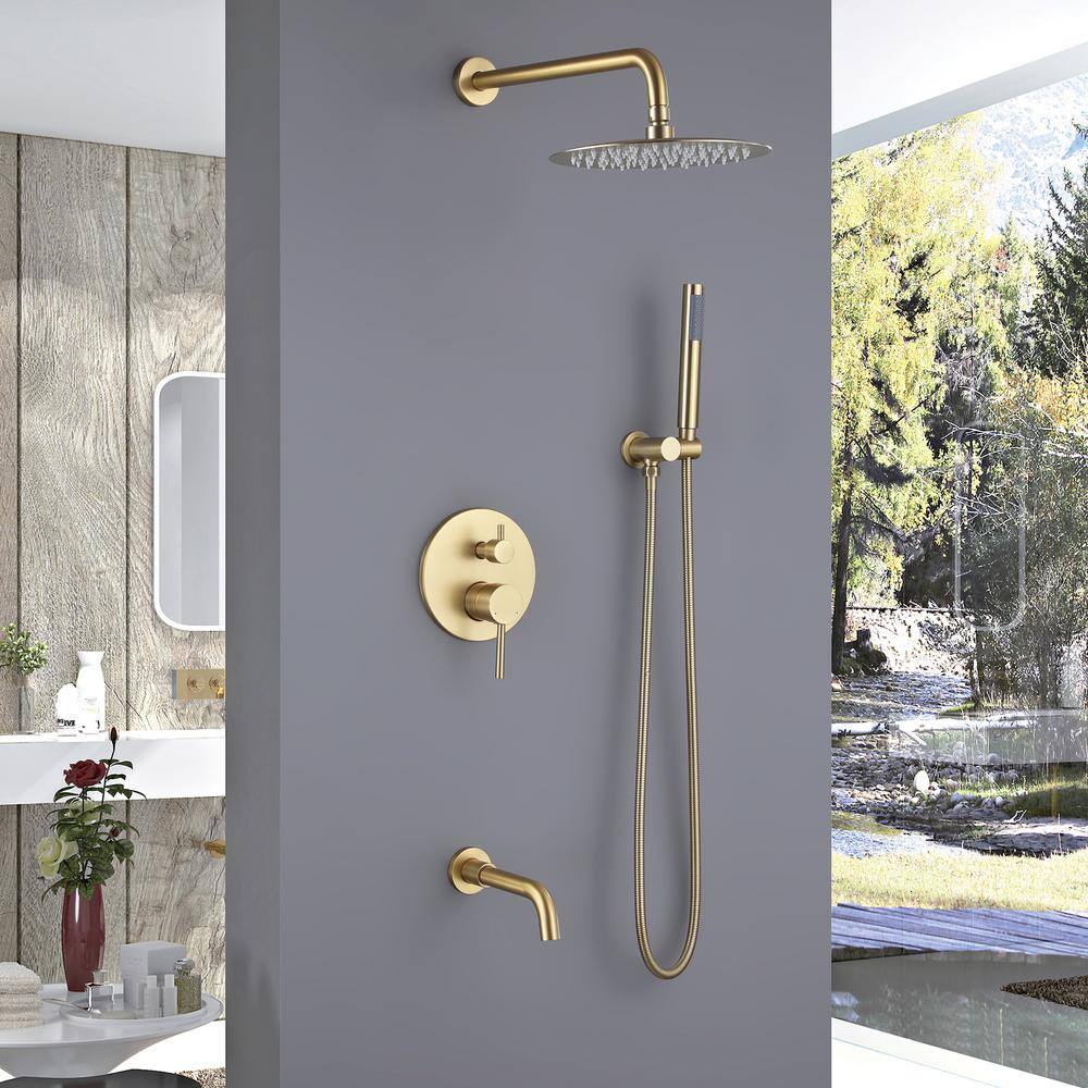 FORCLOVER 2-Handle 1-Spray Wall Mount Tub and Shower Faucet with Hand Shower in Brushed Gold (Valve Included) HAT-R1020-BG