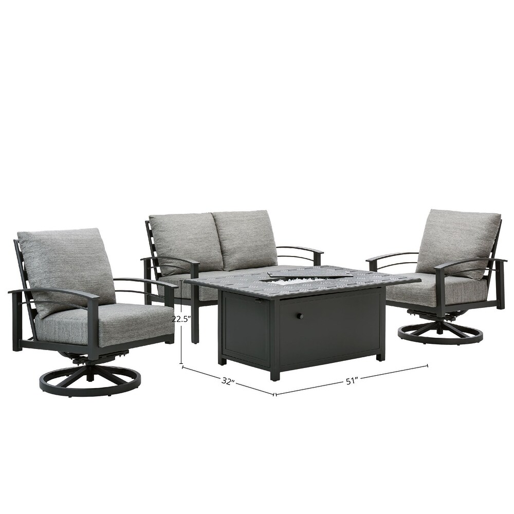 Stanford Cushion 4 Pc Sunbrella Set with 2 Swivel Chairs  Loveseat  and Rectangle Fire Table