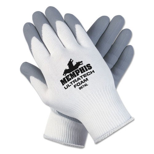 MCR Safety Ultra Tech Foam Seamless Nylon Knit Gloves， Large， White/Gray， 12 Pairs (9674L)