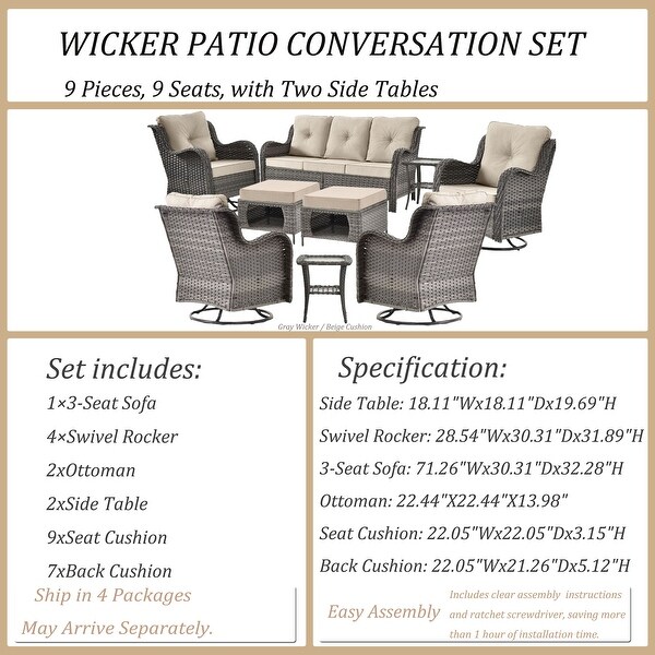 Wicker Patio Furniture Conversation Set with High Back Swivel Chairs and Storage Ottomans，Cushions Included🎃